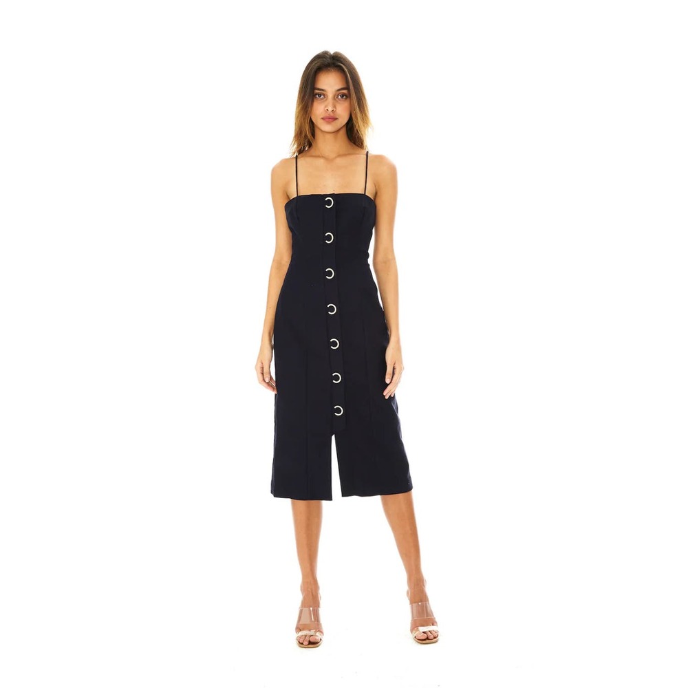 Finders Keepers Navy Blue Rae Gold Button Sleeveless Midi Pencil Dress Size 6